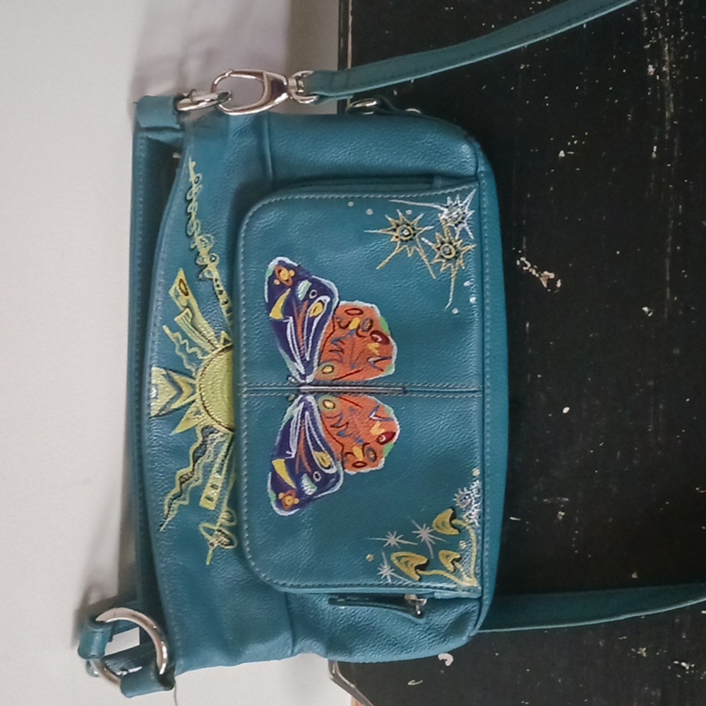 HAND PAINTED blue leather purse. Sun, butterfly, shroomz.